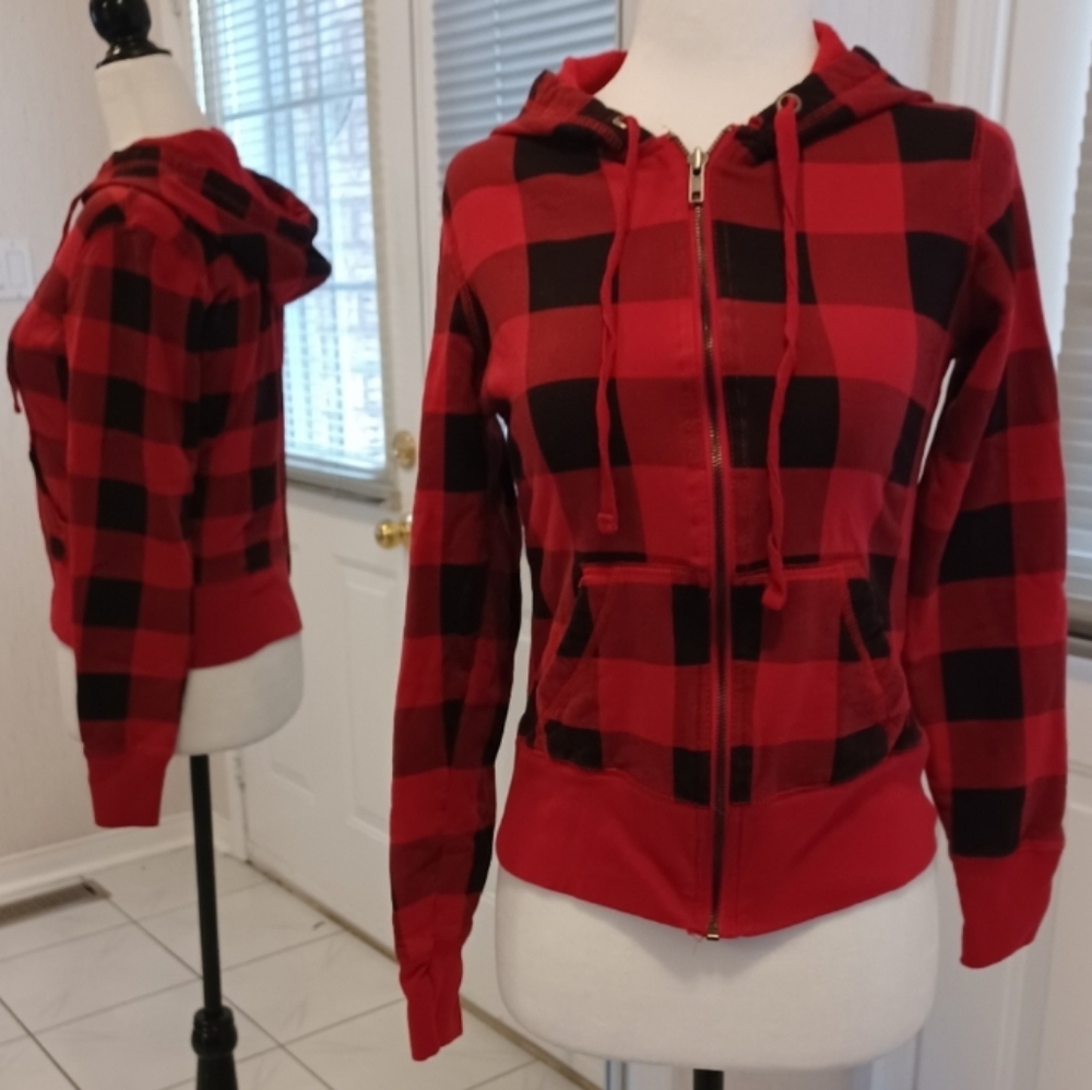 4/$40 Red & Black Plaid Zippered Hoodie - Size XS